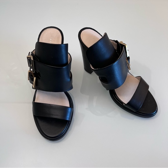 KENNETH COLE | Black & gold buckle accent stack heel fall sandal - Picture 5 of 7